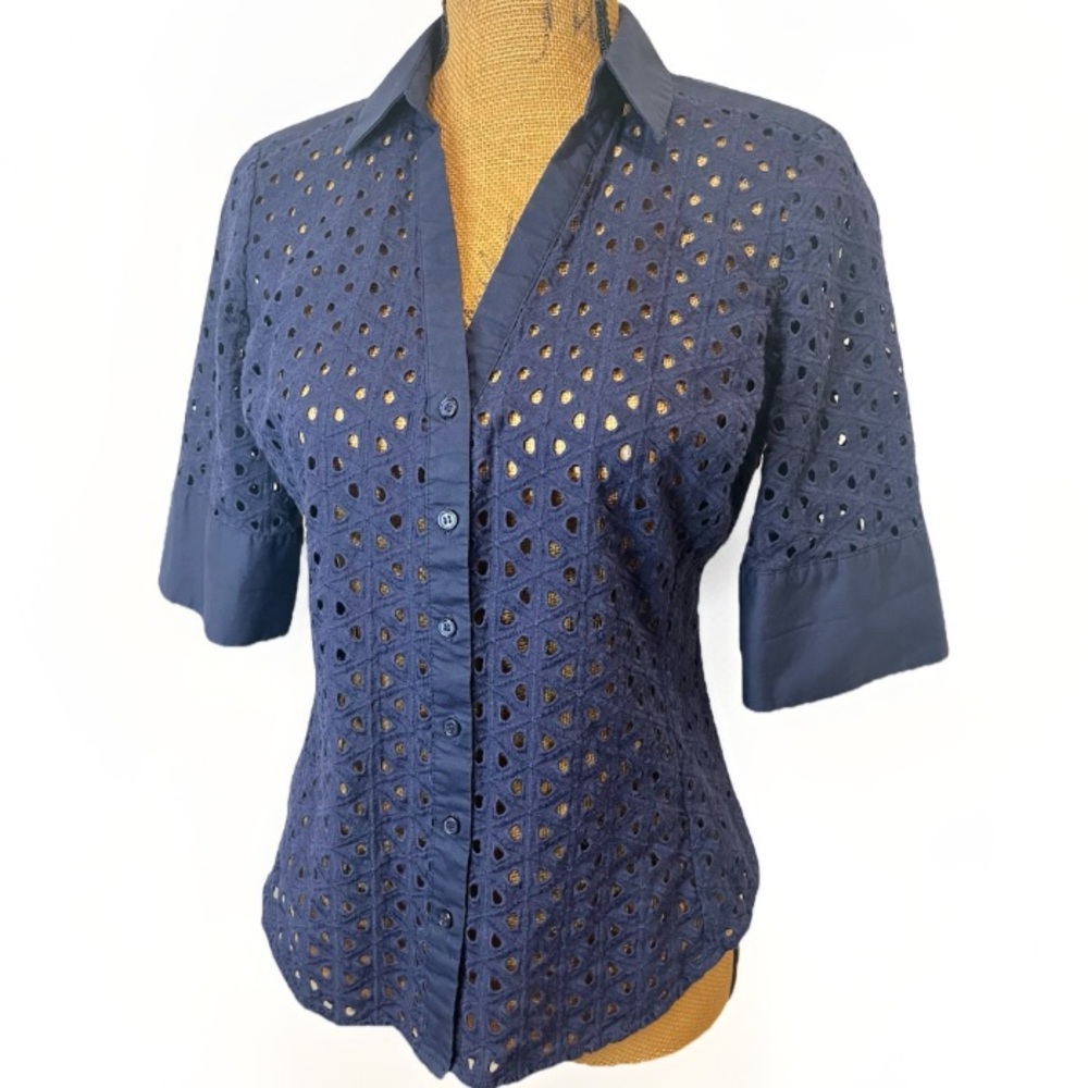7th Avenue Design Studio New York & Co Button Up Eyelet Blouse Navy Size Small